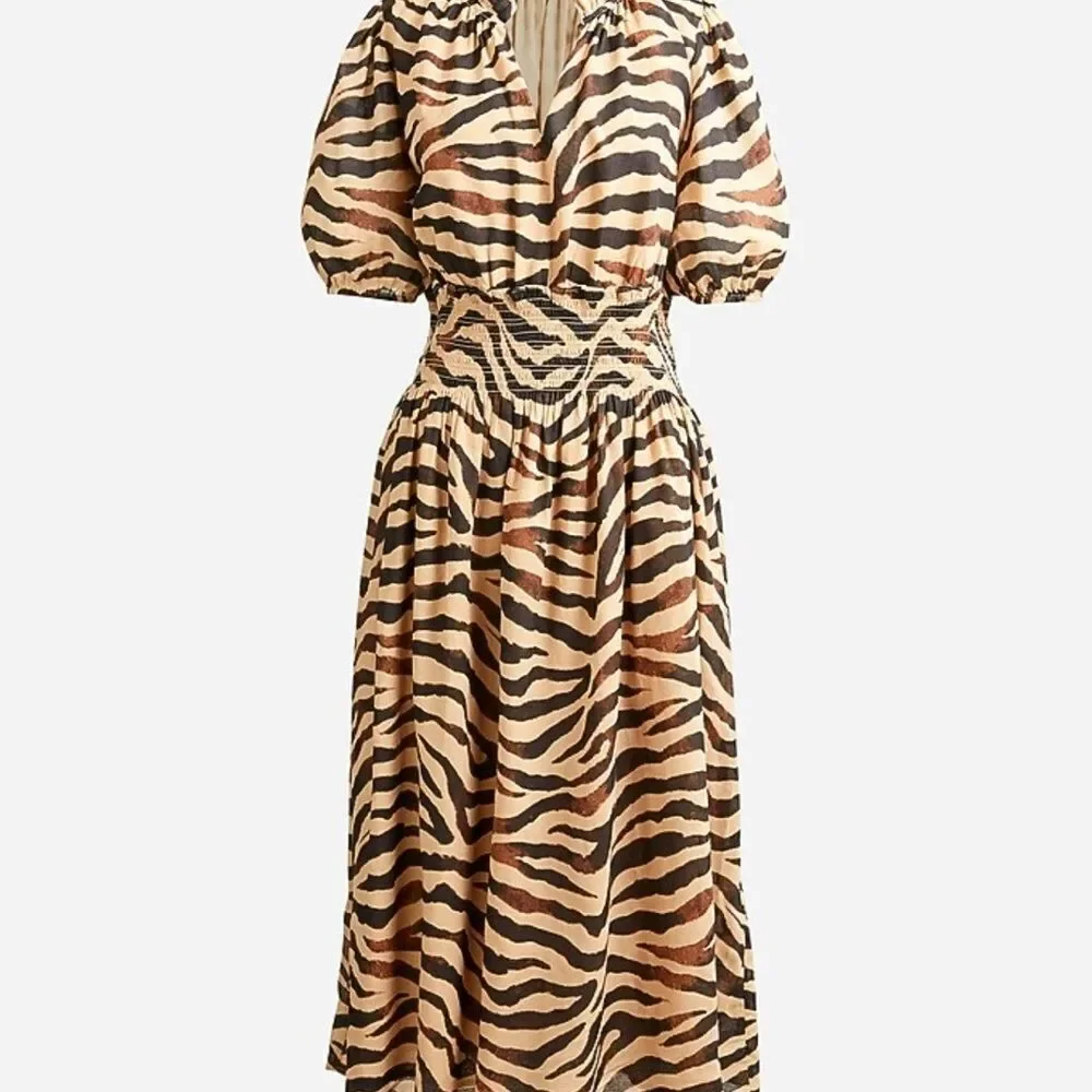J. Crew Smocked-Waist Cotton Voile Dress in Zebra Stripe